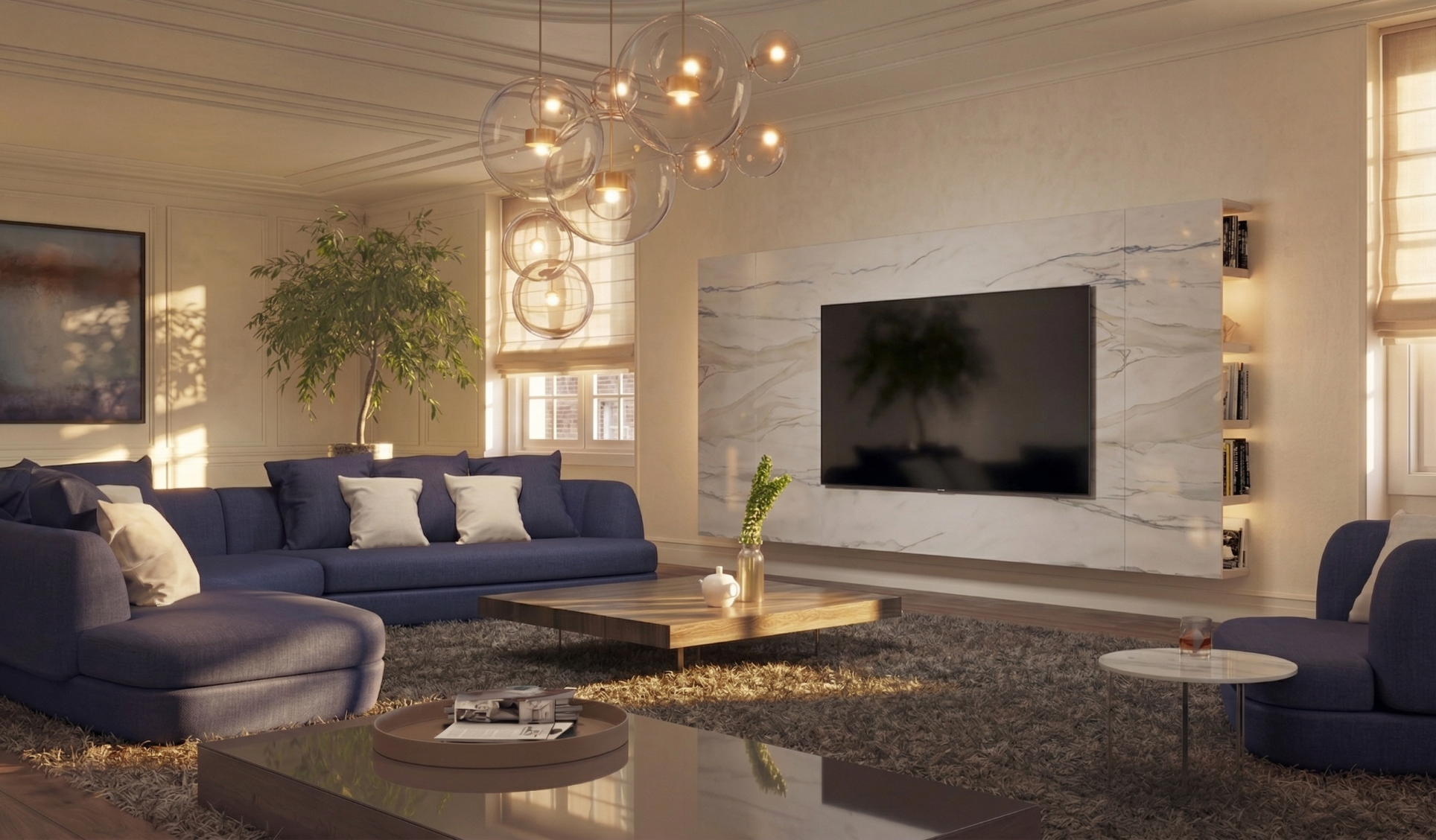 36e8 Cinema — divano blu, parete marmo