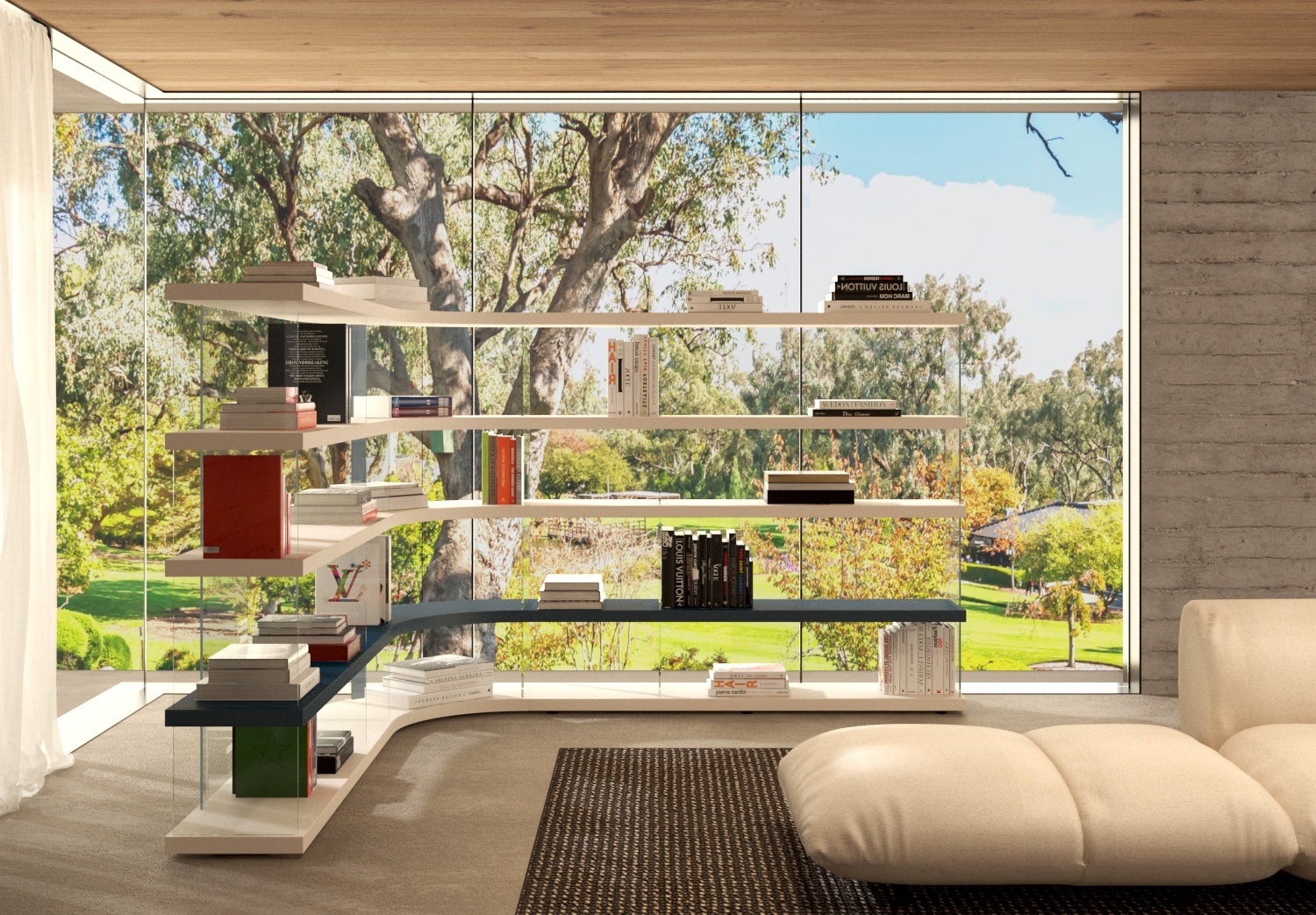 Air Roundy — living con vetrata sul giardino