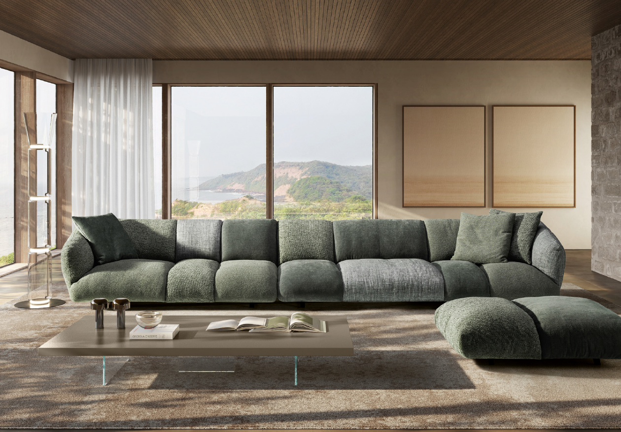 Divano N.O.W. — versione piuma d'oca, tessuto verde con chaise