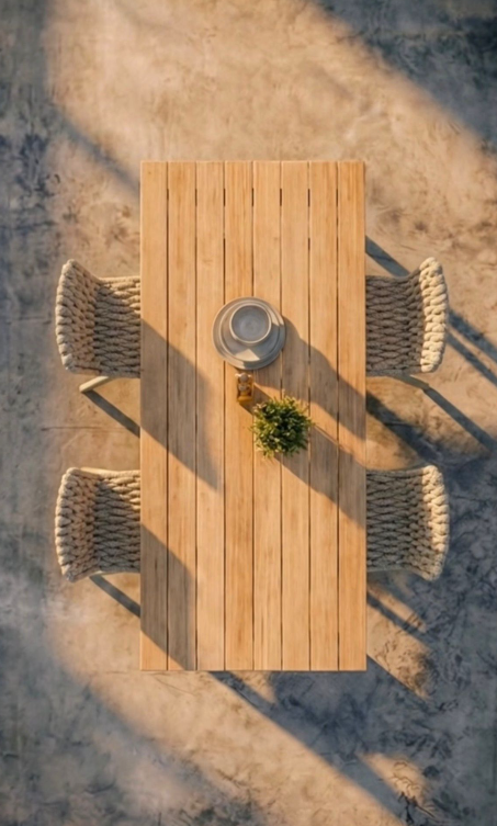 Tavolo Air teak — vista dall'alto con sedie Mezzaria