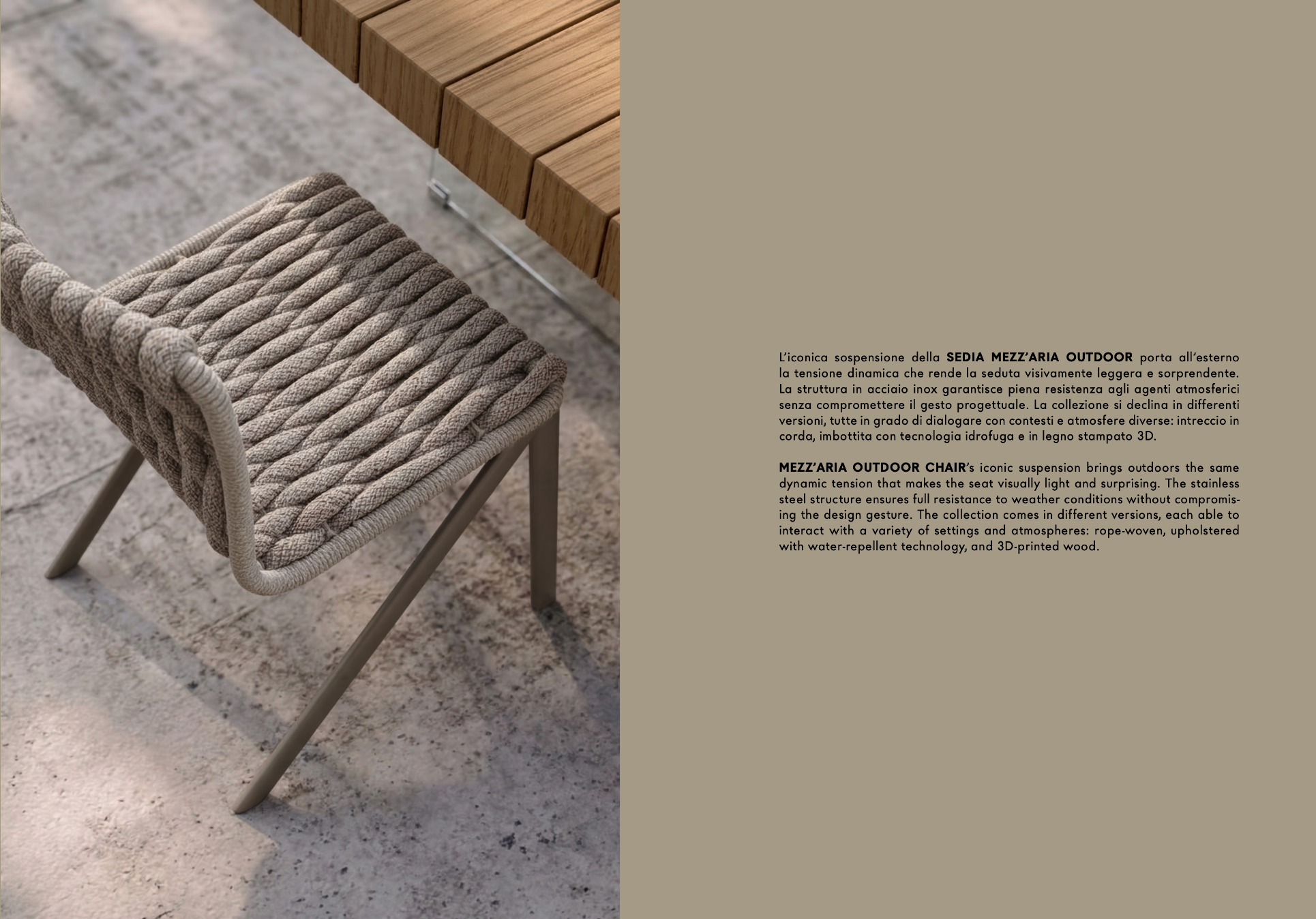 Mezzaria Outdoor — dettaglio intrecciatura polipropilene a mano